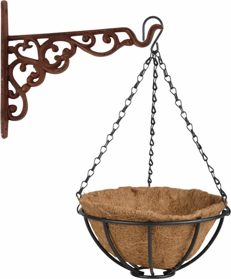 Esschert Design Hanging basket 25 cm met metalen muurhaak en kokos inlegvel Complete hangmand set van gietijzer