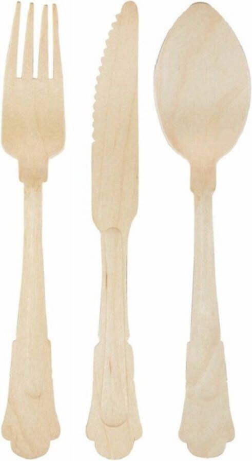 Esschert Design Houten bestek set in klassieke stijl 120x stuks- 40x sets Verjaardag bbq Wegwerp bestek lepels messen vorken