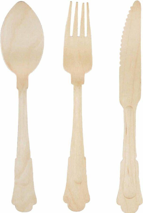 Esschert Design Houten bestek set in klassieke stijl 72x stuks- 24x setjes Handig voor verjaardag of BBQ Wegwerp bestek