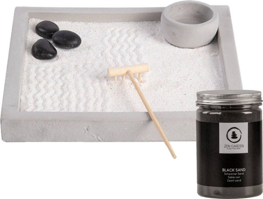 Esschert Design Japanse zen tuin voor thuis kantoor wit zwart zand 20 x 20 cm