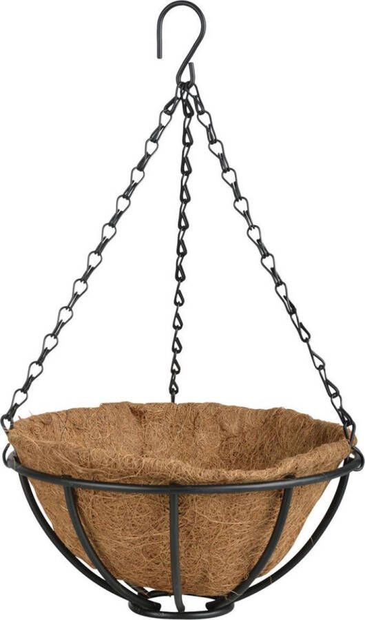 Esschert Design Metalen hanging basket plantenbak zwart met ketting 25 cm inclusief kokosinlegvel Hangende bloemen