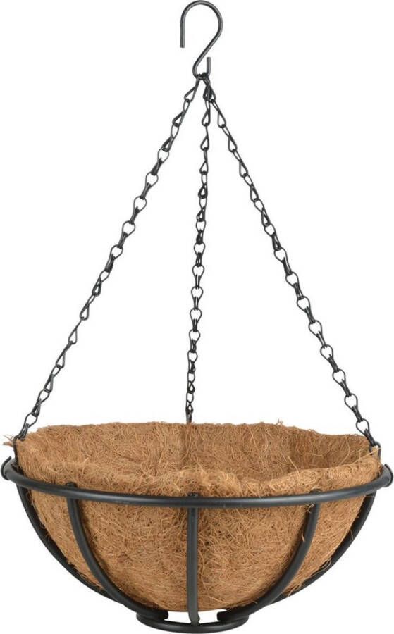 Esschert Design Metalen hanging basket plantenbak zwart met ketting 30 cm inclusief kokosinlegvel Hangende bloemen