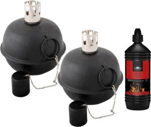 Esschert Design Set van 2x stuks tuimeltoorts olielamp zwart met heldere lampenolie fakkelolie Tuinfakkel Olielamp Lampolie