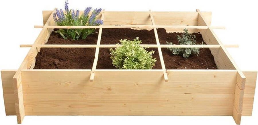 Esschert Design Vierkante meter tuin hout inclusief worteldoek 9 vakken moestuin 100x100x20 cm