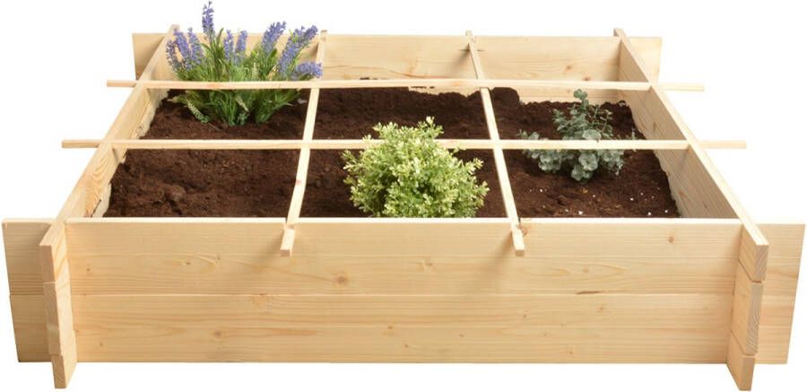 Esschert Design Vierkante meter tuin hout inclusief worteldoek 9 vakken moestuin 100x100x20 cm