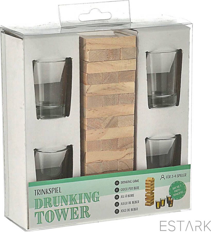 ESTARK Drankspel Jenga Stapeltoren Shotjes Drinkspel Spel Drunken Tipsy Tower Drinkspel Gezelschapsspel Voor Volwassenen Drank Spel Incl 4 Glazen Shot Cups Hout 16cm
