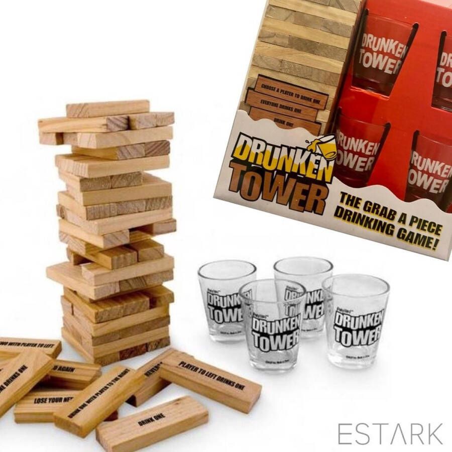 ESTARK Drankspel Jenga Stapeltoren Shotjes Drinkspel Spel Drunken Tipsy Tower Drinkspel Gezelschapsspel Voor Volwassenen Drank Spel Incl 4 Glazen Shot Cups Hout 16cm