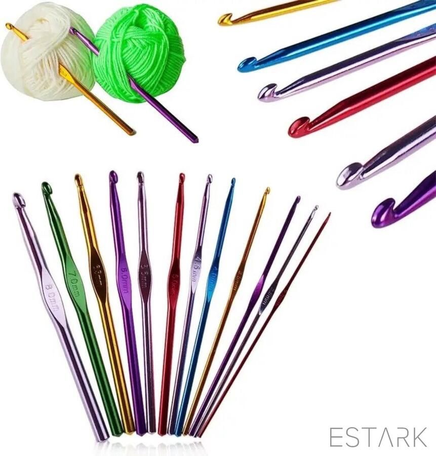 ESTARK Set van 12 Haakhaken Breinaalden Haaknaalden voor ambachten Haken Breien Naald Ergonomische Haaknaalden- Professionele Aluminium naalden kit gereedschap ergonomische enkelpuntige breinaalden kit voor beginners (2mm tot 8mm maten)