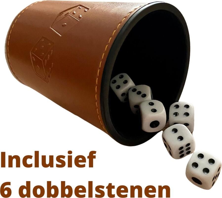 ESTARK Witte Dobbelstenen Met Werpbeker Luxe dobbelstenen Luxe Lederen Werpbeker 6 x Dobbelsteen Leer Bruin