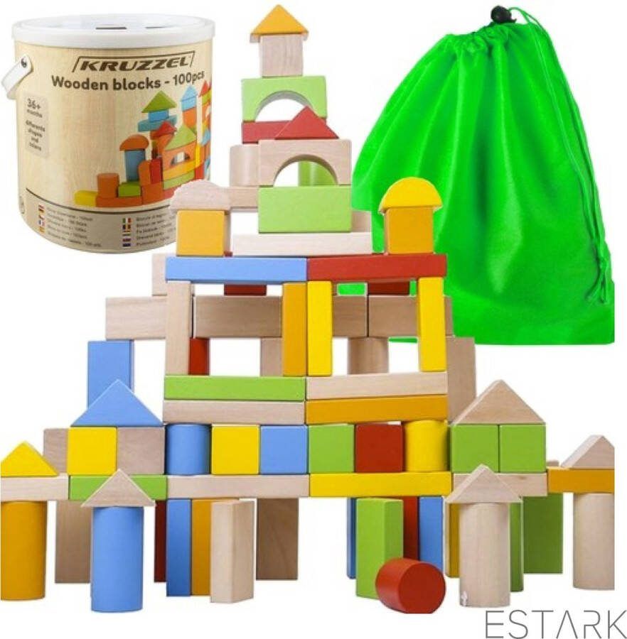 ESTARK Houten Blokken 100-delig Blokkendoos met 100 houten bouw Blokken voor Kinderen Houten Speelgoed vanaf 1 jaar Duurzaam FSC hout Houten Speelgoed Bouwen met Hout Met Opbergdoos & Opbergzak