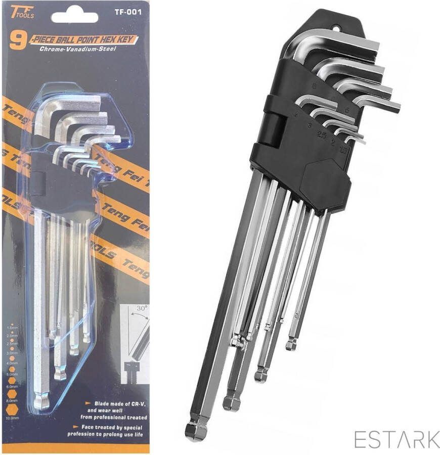 ESTARK Inbussleutel Set Inbus Sleutels Met Houder & Kogelkop 9 Delig Inbusset Set Met 9 Maten 1 5 2 2 5 3 4 5 6 8 10 MM Inch Chroom Vanadiumstaal Imbus