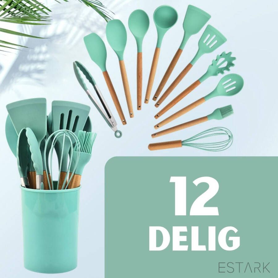 ESTARK Keukengerei Set Keukengerei houder Keukengerei set met Houder 12 Delig Antraciet Zwart Houten Steel Siliconen Kerstcadeau Pastalepel Spatel voor beslag Open spatel Grote lepel Open lepel Soeplepel Keuken Spatels 12