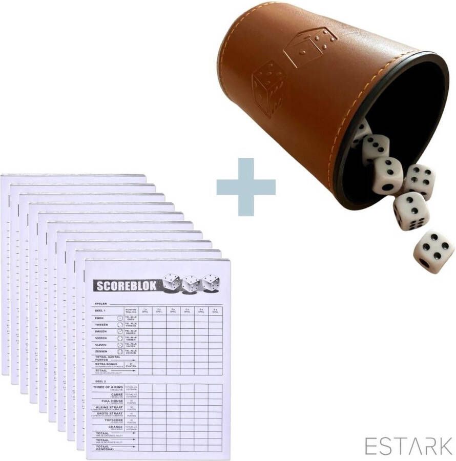 ESTARK LUXE Yahtzee set Dobbelset 10 x Scoreblok Yathzeeset Poker Dobbelspel Score Blok Dobbelstenen Familiespellen 6 Dobbelspellen Spel Werpbeker 17 Delig