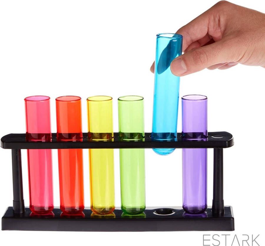 ESTARK Reageerbuisjes – Shotglaasjes – Plastic – Met Rek 6 STUKS Shots Shot Glaasjes Shotglazen 25 ML Chemie Gadget Reageerbuis