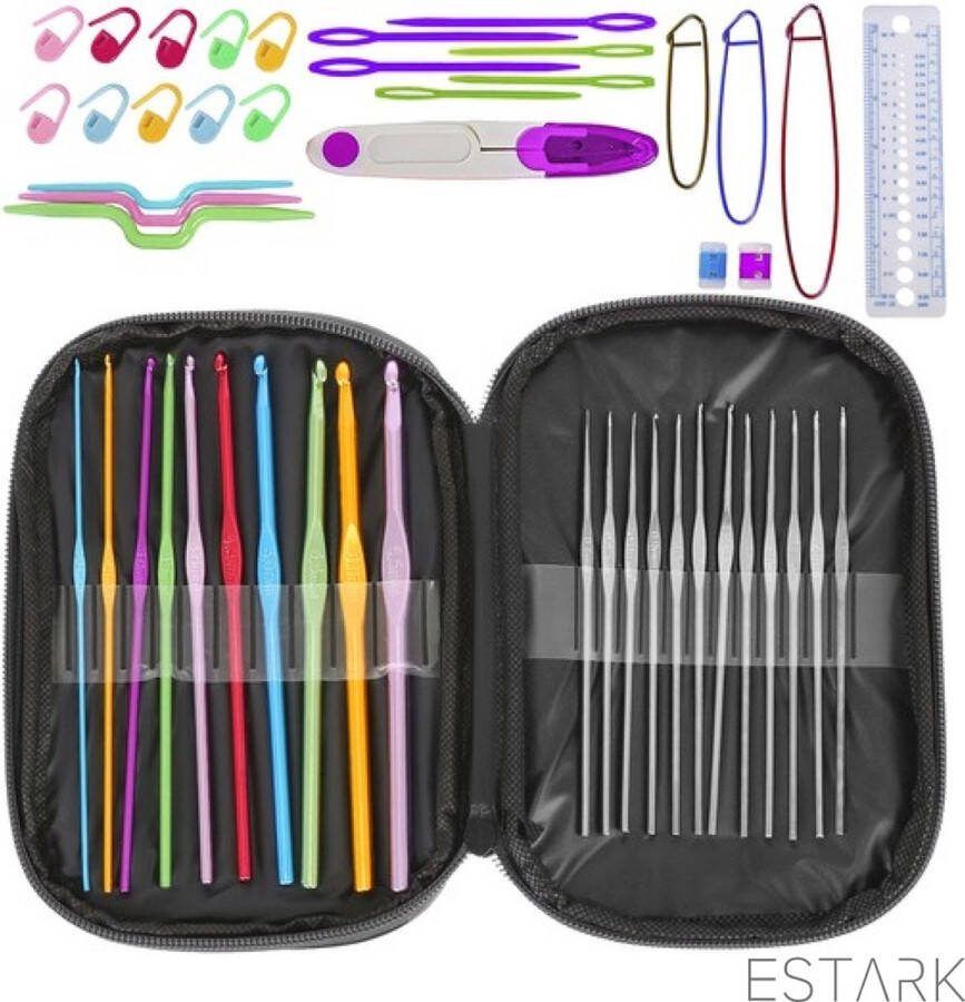 ESTARK Set van 50 Haakhaken Breinaalden Haaknaalden voor ambachten Haken Breien Naald Ergonomische Haaknaalden- Professionele Aluminium naalden kit gereedschap ergonomische enkelpuntige breinaalden kit voor beginners (0.6mm tot 6.5mm maten)