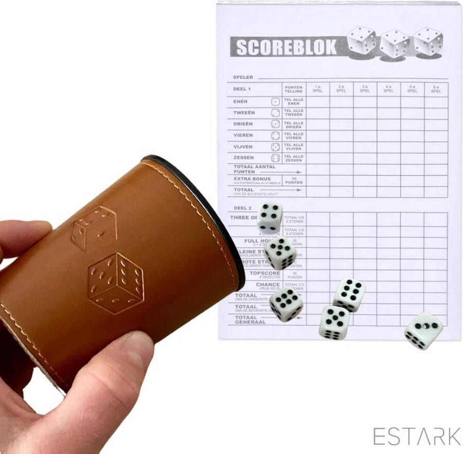 ESTARK LUXE Yahtzee set Dobbelset 10 x Scoreblok Yathzeeset Poker Dobbelspel Score Blok Dobbelstenen Familiespellen 6 Dobbelspellen Spel Werpbeker 17 Delig