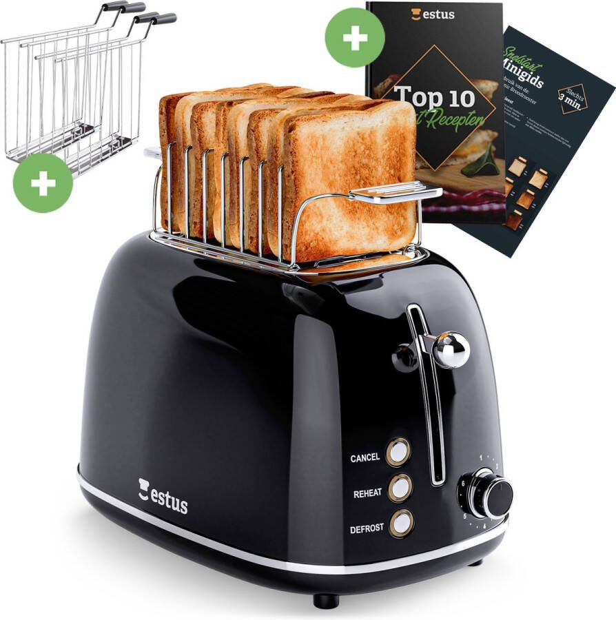 Estus Iconic Broodrooster met Tostiklemmen Retro Toaster Zwart Deluxe