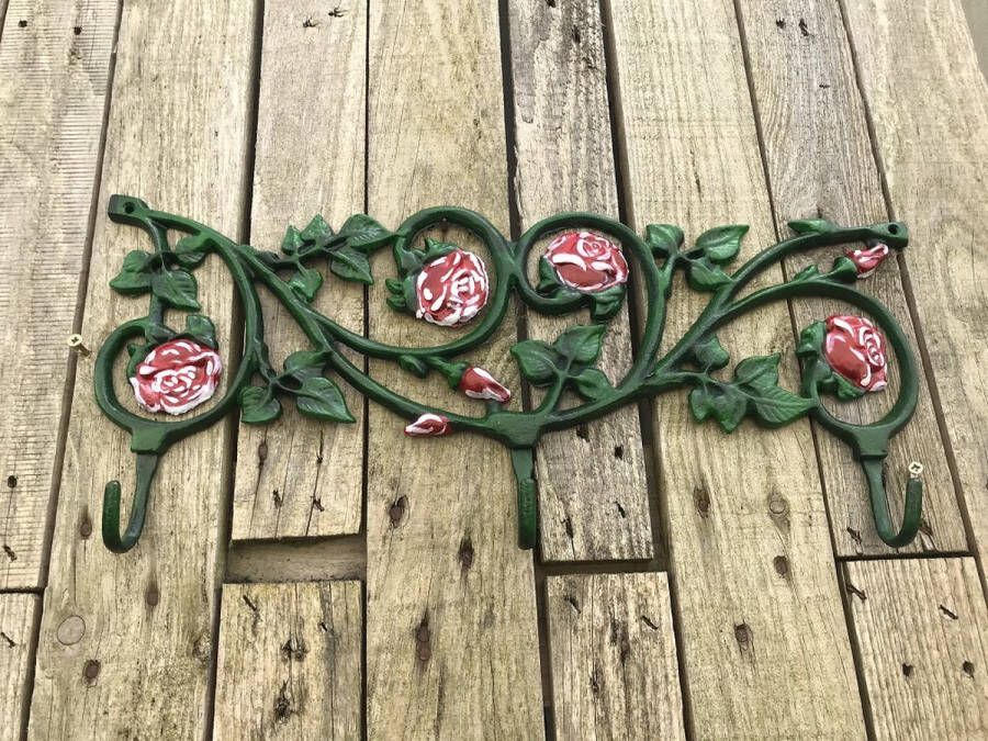ETW Wand kapstok gietijzer groen met rozen rood 3 stevige haken.