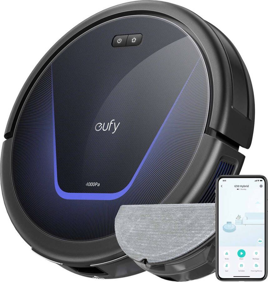 Eufy G50 Hybrid robotstofzuiger en dweil met 4.000 Pa sterke zuigkracht Dynamische navigatie Pro-ontwarrende Kwam Rolborstel Dweilpad voor lichte oppervlakte reiniging ideaal voor huisdierhaar harde vloeren tapijt