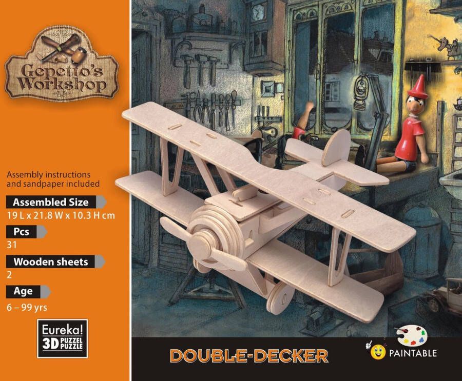 Eureka 3D Puzzel Gepetto's Houten dubbeldekkersvliegtuig Multiplex