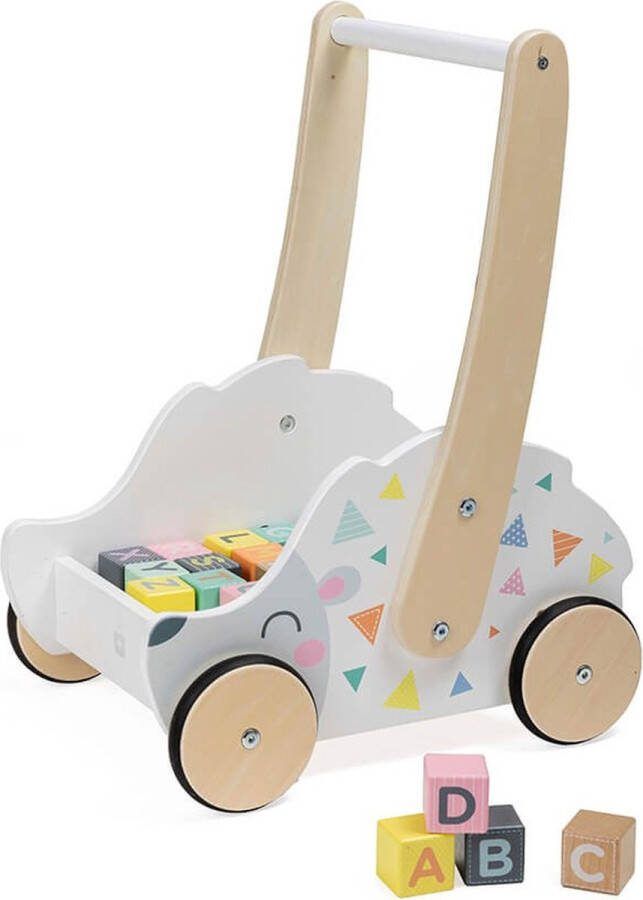 Eurekakids Eurekakid Babywalker Houten Loopwagen Egel Inclusief 30 Blokken Blokkenkar met Gripwielen