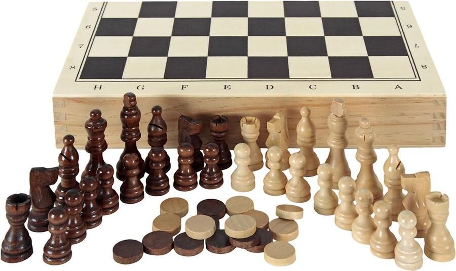 Eurekakids Schaken Dammen en Backgammon 3 in 1 Hout In Houten Cassette 29 x 29 cm Met Magnetische Sluiting
