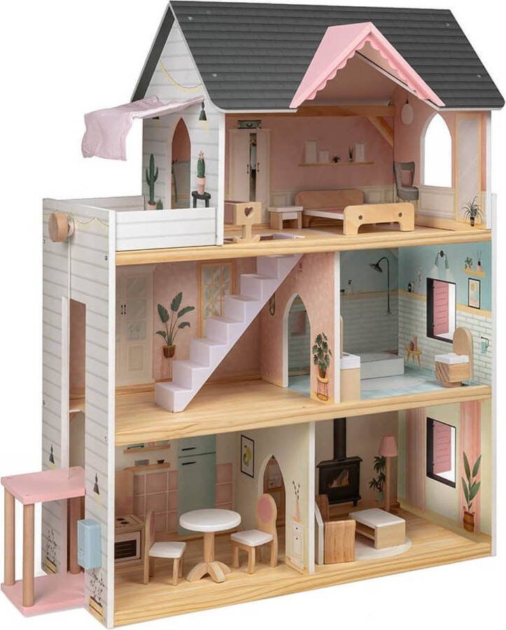 Eurekakids Poppenhuis Houten Poppenhuis met Meubilair Inclusief Licht en Geluid