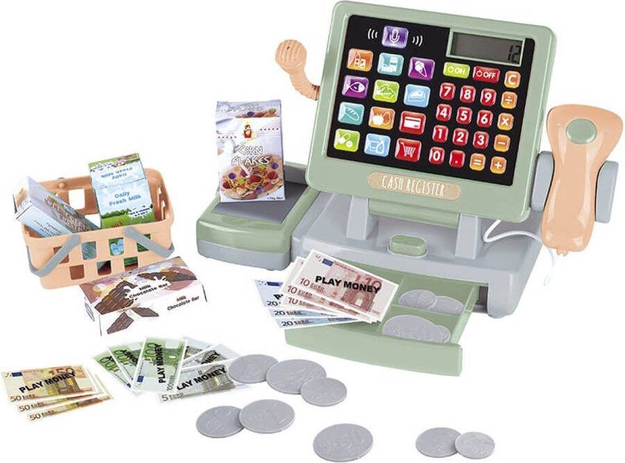 Eurekakids Speelgoedkassa Stijlvolle Elektronische Kassa voor Kinderen Mintgroen Inclusief Rekenmachine Microfoon Lopende Band en Scanner Met Winkelmandje Nepgeld en Levensmiddelen 33-Delig