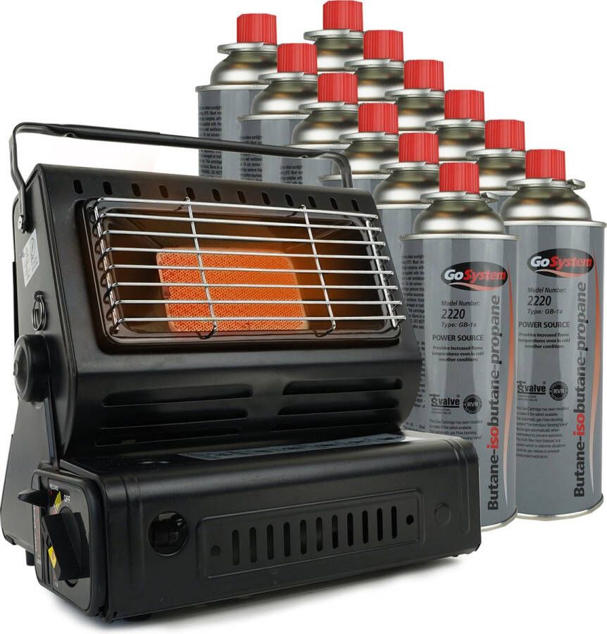 Eurocatch Gaskachel Incl. 12 Gasbussen Heater Kachel Terrasverwarmer Camping gaskachel Gas Heater Verstelbaar Draagbaar