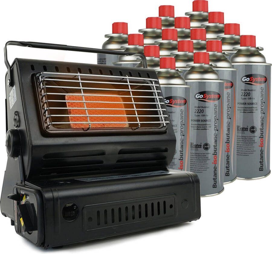 Eurocatch Gaskachel Incl. 16 Gasbussen Heater Kachel Terrasverwarmer Camping gaskachel Gas Heater Verstelbaar Draagbaar