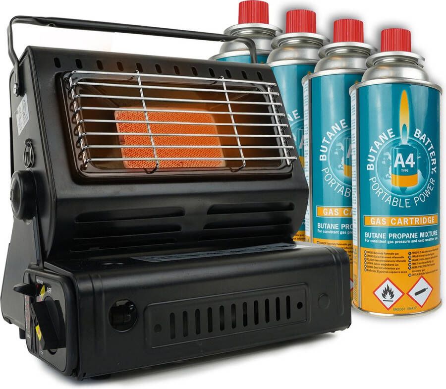 Eurocatch Outdoor Eurocatch Gaskachel Incl. 4 Gasbussen Heater Kacheltje Terrasverwarmer Campingkachel Verstelbaar Draagbaar