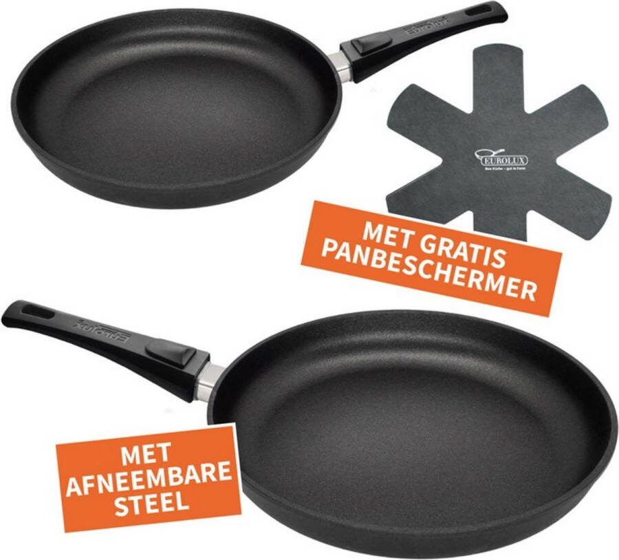 Eurolux Squeezed Pannenset bestaande uit koekenpan 24 x 4 5 cm en 28 x 4 5 cm met afneembare steel + GRATIS Panbeschermer Siemens Bosch combizone flexzone compatible