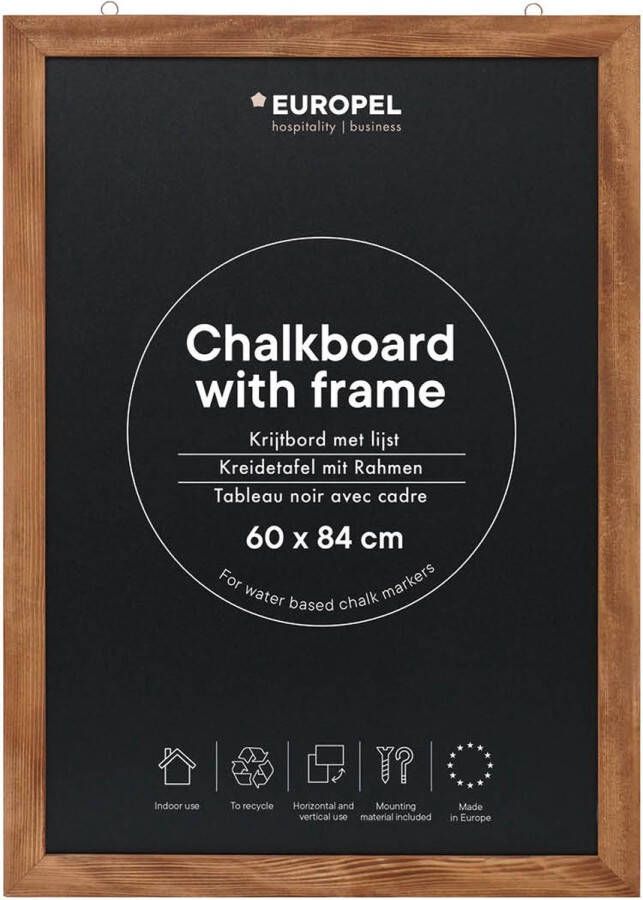 Europel Krijtbord Tekenbord 60x84cm Houten lijst Geschikt voor krijtstiften op waterbasis Incl. bevestigingsmateriaal
