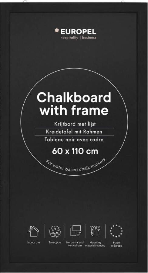 Europel Krijtbord Tekenbord 60x110cm Zwart lijst Geschikt voor krijtstiften op waterbasis Incl. bevestigingsmateriaal