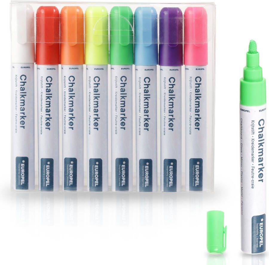 Europel krijtstiften voor krijtbord 6mm – raamstiften afwasbaar omkeerbare punten – kleur 8 stuks