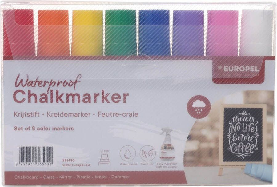 Europel Watervaste Krijtstiften 15mm 8 Kleuren Assortiment Etui Perfect voor Creatieve Projecten