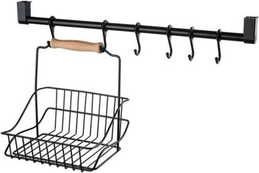 Eurostockdeals Keukenrek Retro met mand Handdoekenrek Keuken rek Badkamer rek 56 CM 4 Haken met mand Zwart