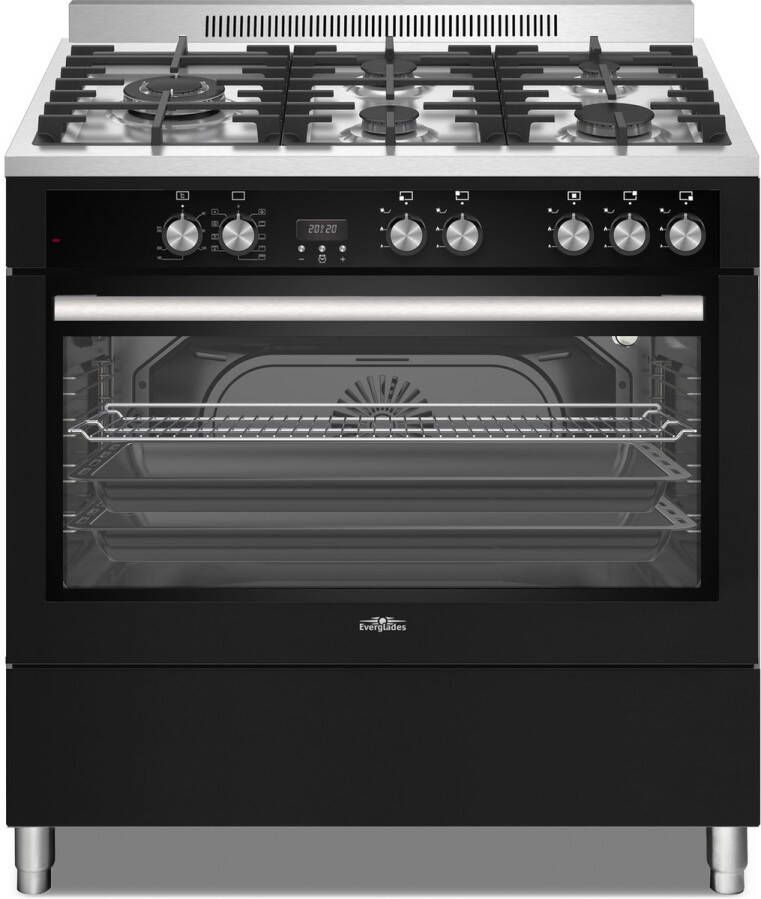 Everglades EVCK9050 Pro Gasfornuis Zwart & RVS 90 CM 96 Liter 10 Ovenstanden Turbo Hete Lucht Gietijzeren Pannendragers Wok Brander 5 Jaar Garantie