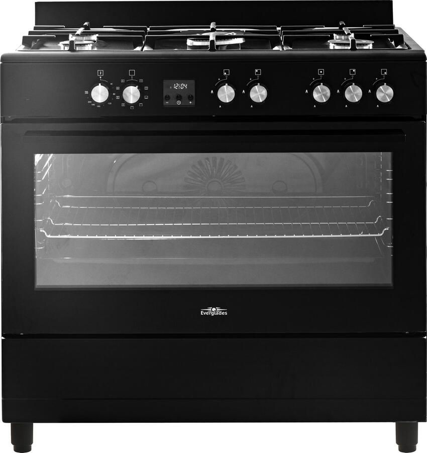 Everglades EVCK9020 Gasfornuis Mat Zwart 90CM 9 Ovenstanden Gietijzeren Pannendragers Wokbrander Digitale Timer 5 Jaar Garantie