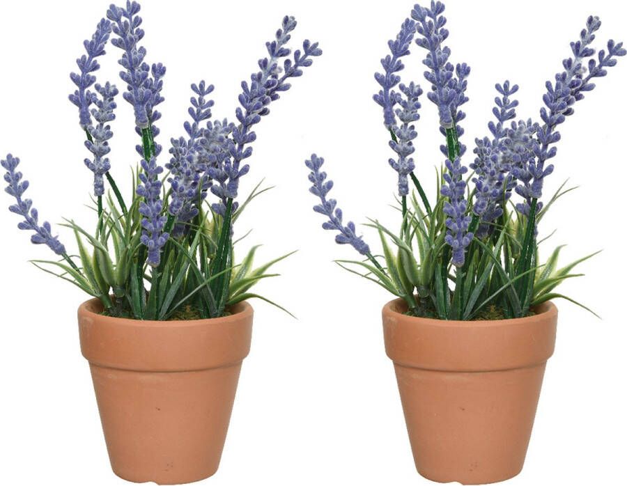 Everlands 2x lavendel kunstplant in terracotta pot lila paars D6 x H18 cm Kunstplanten