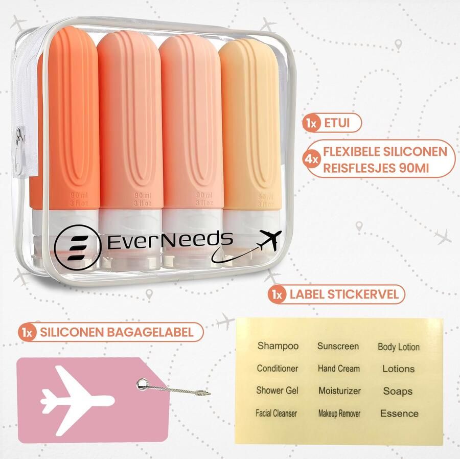 EverNeeds Reisflesjes Met Etui Navulbaar Reisflesjes Handbagage Roze 4 Stuks