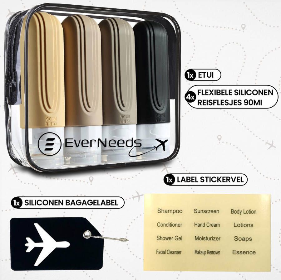 EverNeeds Reisflesjes Met Etui Navulbaar Reisflesjes handbagage Apricot 4 Stuks
