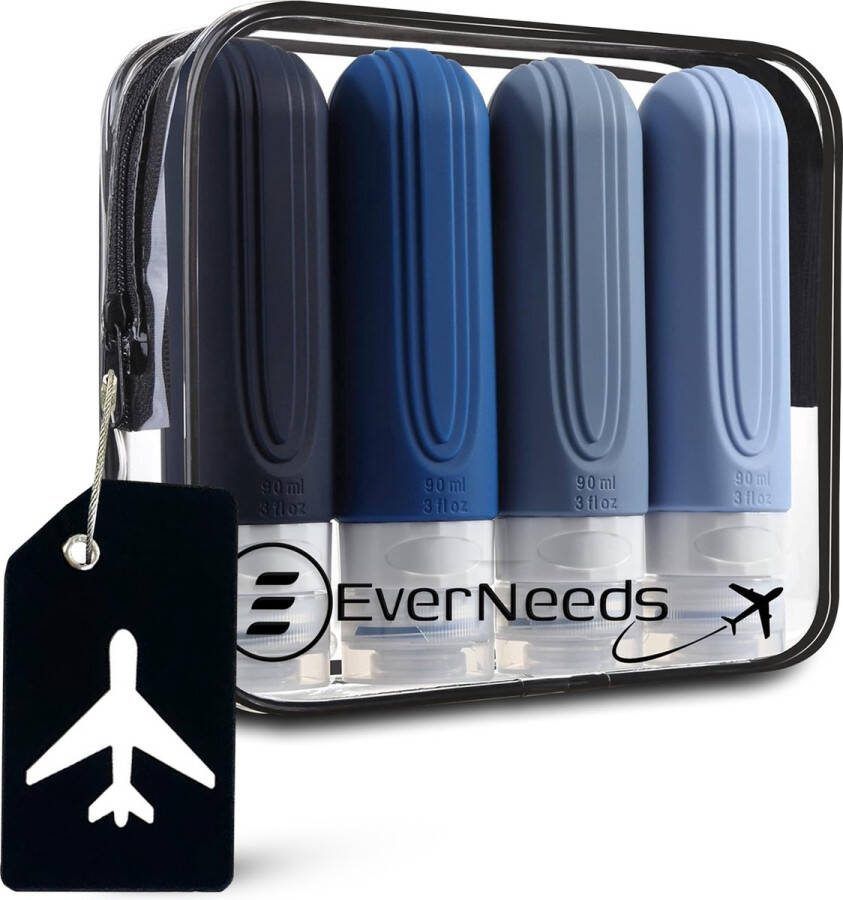EverNeeds Reisflesjes Met Etui Navulbaar Reisflesjes Handbagage Blauw 4 Stuks