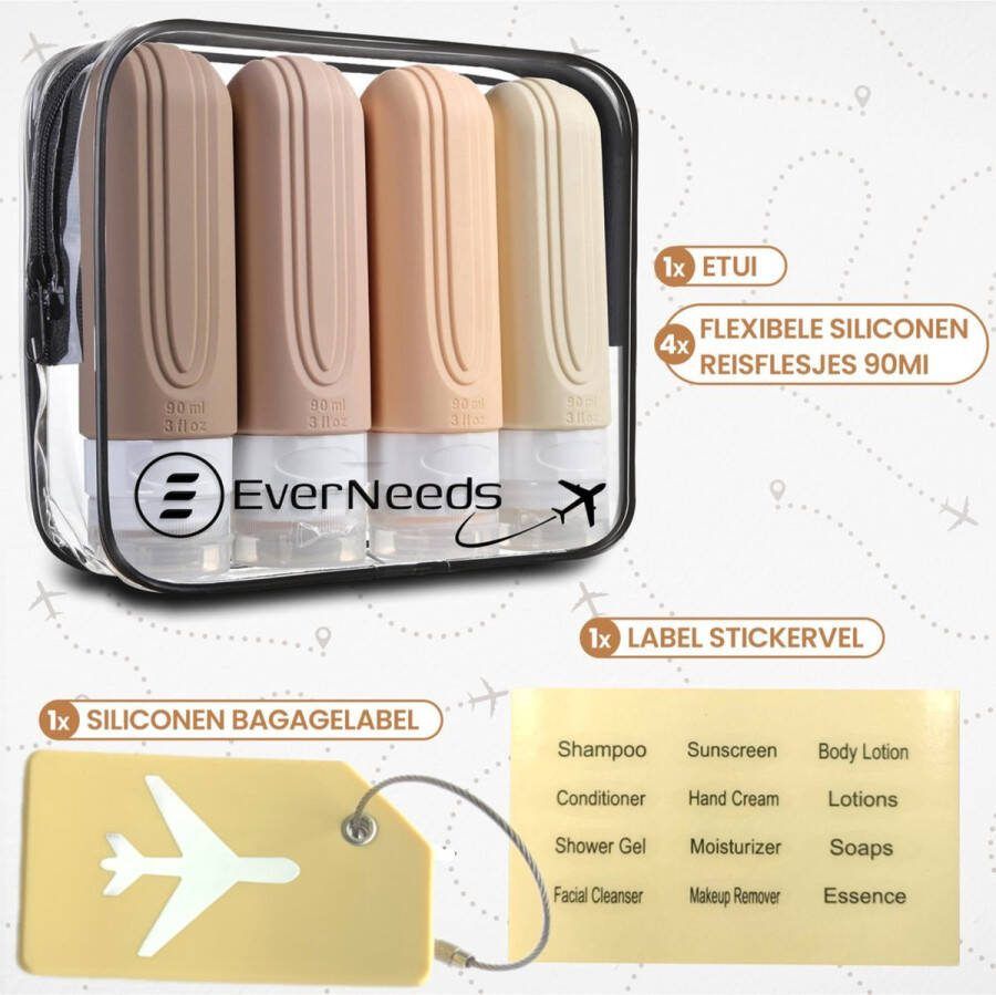EverNeeds Reisflesjes Met Etui Navulbaar Reisflesjes Handbagage Crème 4 Stuks