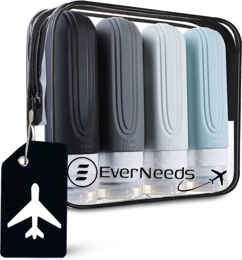 EverNeeds Reisflesjes Met Etui Navulbaar Reisflesjes Handbagage Grijs 4 Stuks