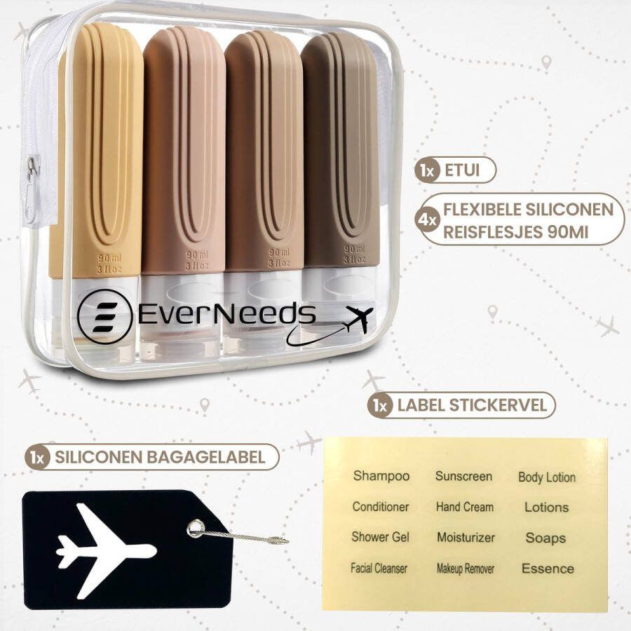 EverNeeds Reisflesjes Met Etui Navulbaar Reisflesjes Handbagage Licht Apricot 4 Stuks