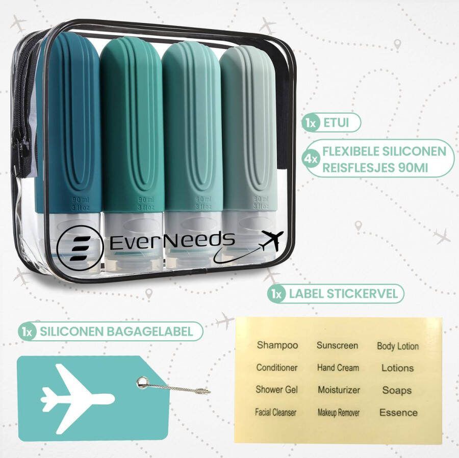 EverNeeds Reisflesjes Met Etui Navulbaar Reisflesjes Handbagage Mint 4 Stuks