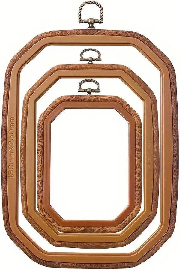 EveryCraft Borduurring Borduurringen Set 3 Stuks Houten Look Achthoekig Lijstvorm Kunststof Maten Duurzaam & Stevig Ideaal voor Borduurw