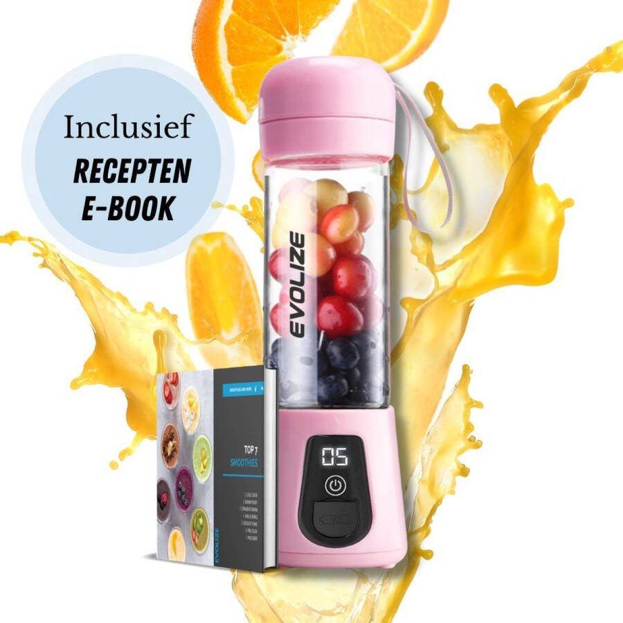 Evolize Mini Blender to Go Draagbare Powerblender Portable Smoothie Maker Beker van Glas Inclusief Recepten Roze