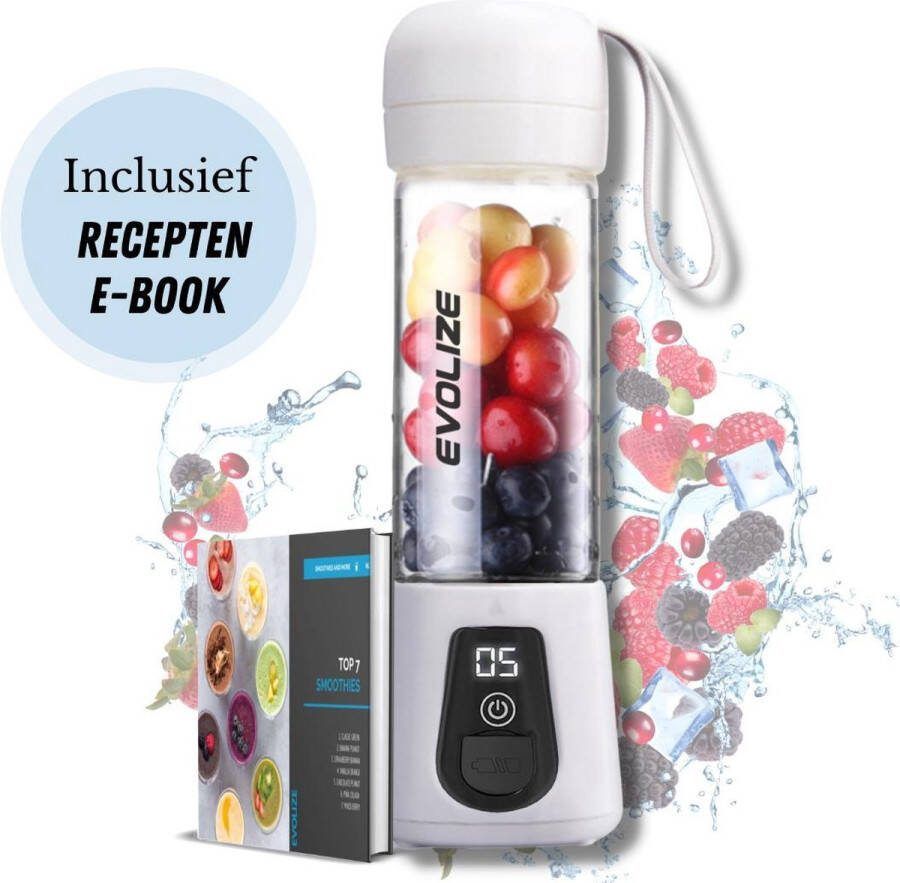 Evolize Mini Blender to Go Draagbare Powerblender Portable Smoothie Maker Beker van Glas Inclusief Recepten Wit